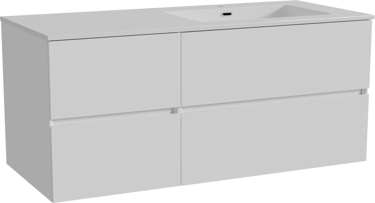 Storke Edge meuble salle de bains suspendu 120 x 52 cm blanc brillant avec Diva plan vasque asymétrique à droite en marbre composite blanc brillant