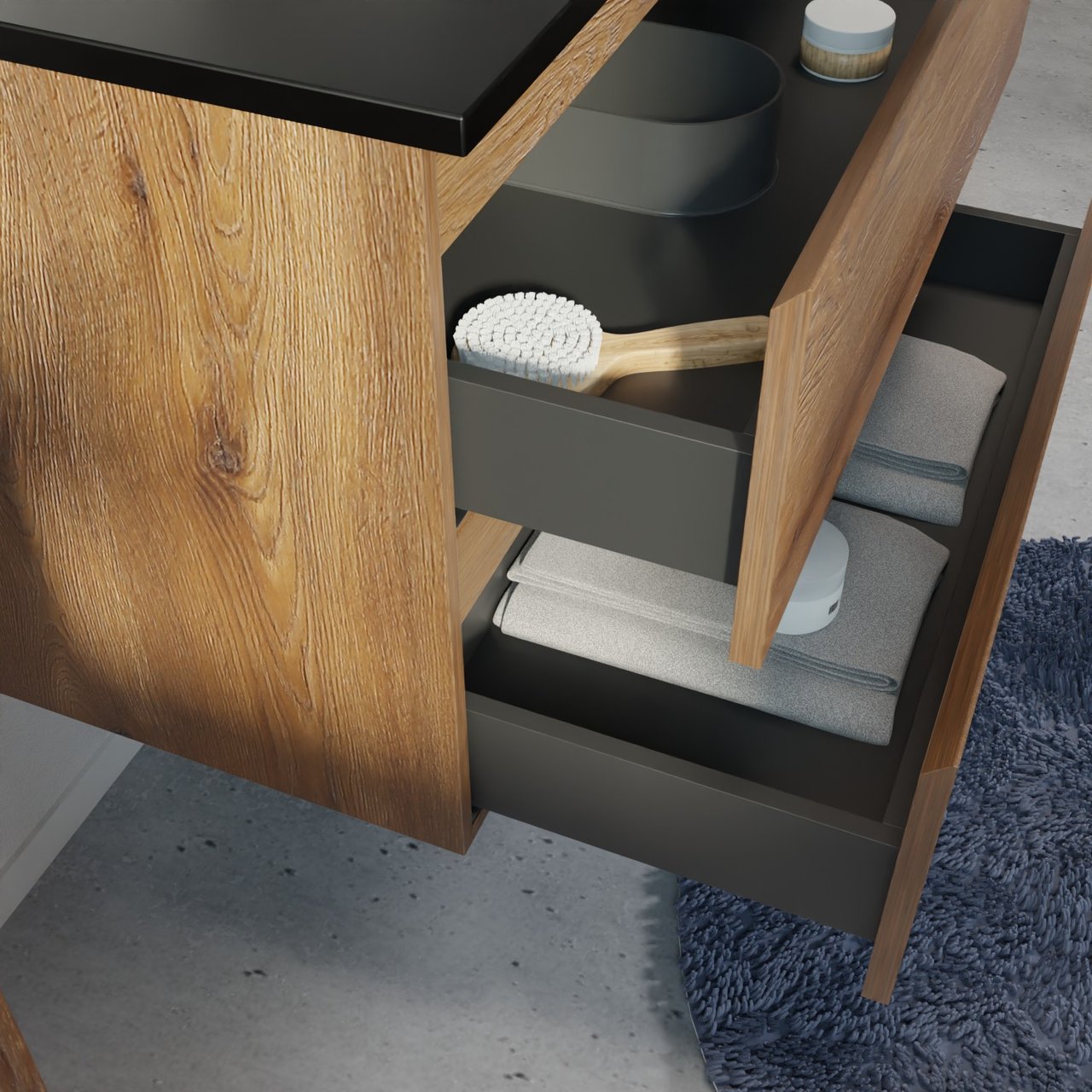 Linie Lado zwevend badmeubel 120 x 46 cm bruin eiken met Vano dubbele wastafel in composietmarmer mat zwart