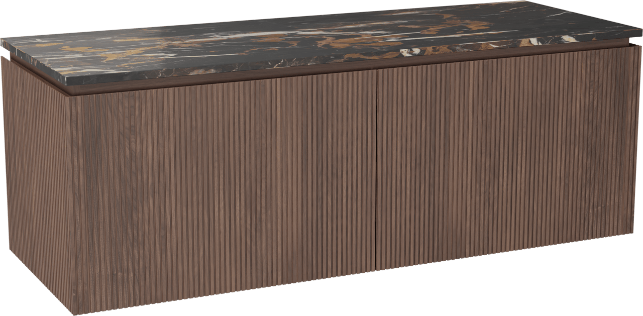 Balmani Eclips meuble salle de bains suspendu 150 x 55 cm Noyer américain avec Stretto tablette simple ou double vasque en Portoro Gold marbre, Nervure droite symétrique verticale