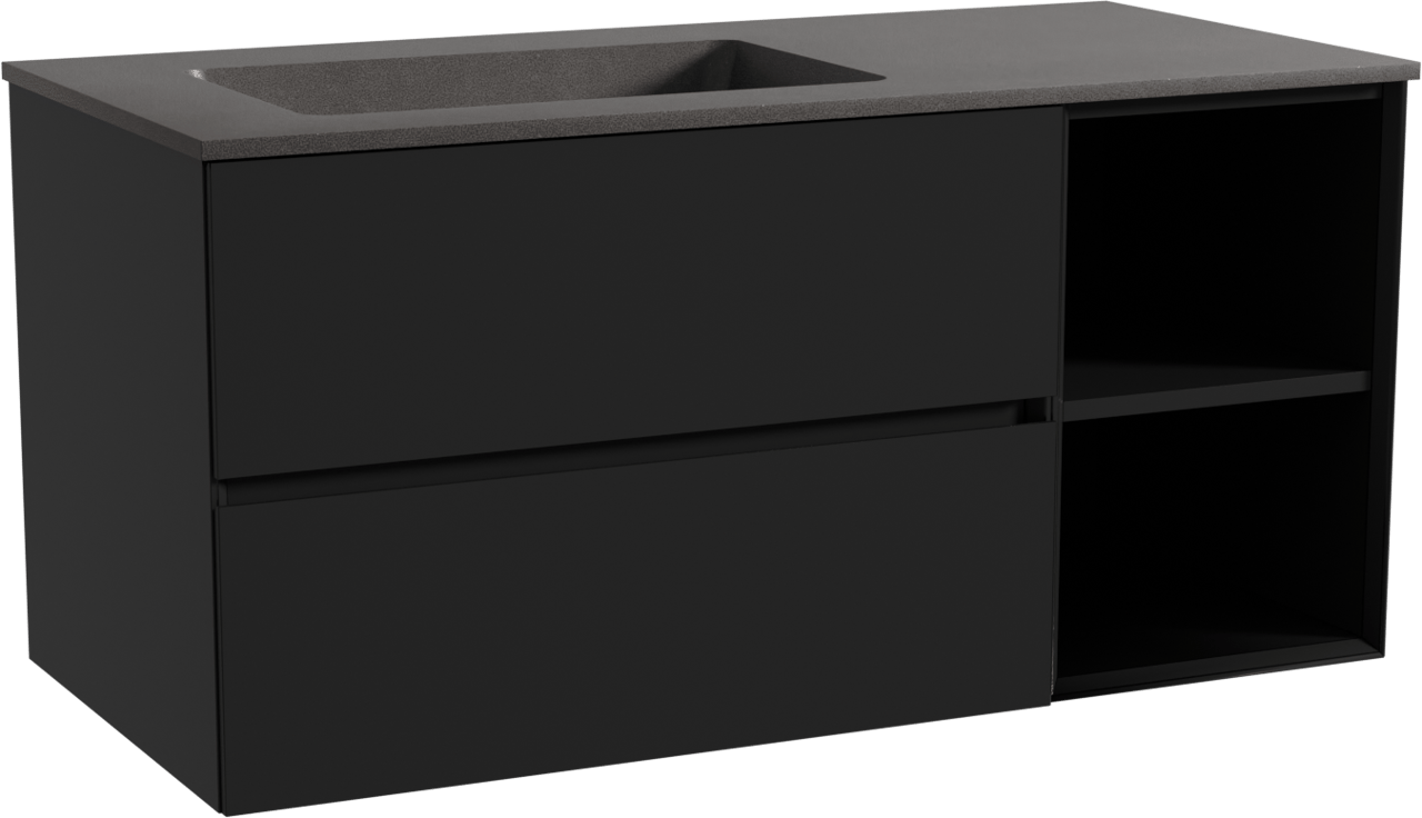 Storke Edge meuble salle de bains suspendu 110 x 52 cm noir mat avec Scuro plan vasque asymétrique à gauche en quartz noir mat