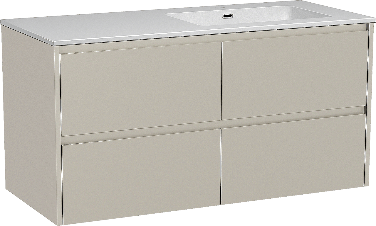 Storke Seda meuble salle de bains suspendu 120 x 52 cm soie grise avec Diva vasque asymétrique droite en marbre composite blanc brillant