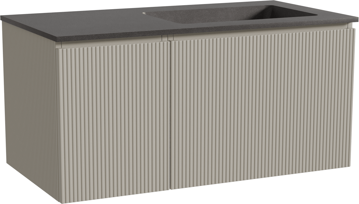 Storke Ribs zwevend badmeubel 100 x 52 cm zijdegrijs met Scuro asymmetrisch rechtse wastafel in kwarts mat zwart, Verticale symmetrische rechte ribbel