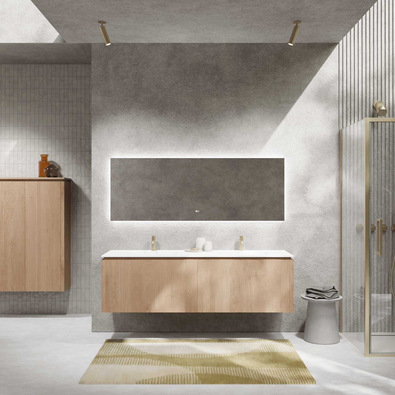 Balmani Eclips zwevend badmeubel 180 x 55 cm Natuur eiken met Eclips dubbele wastafel in Solid Surface mat wit