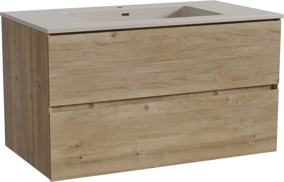 Storke Edge hängendes Möbelstück Set: 95 x 52 cm, Rohe Eiche, mit Diva Einzelwaschtisch, Top Solid Seidengrau