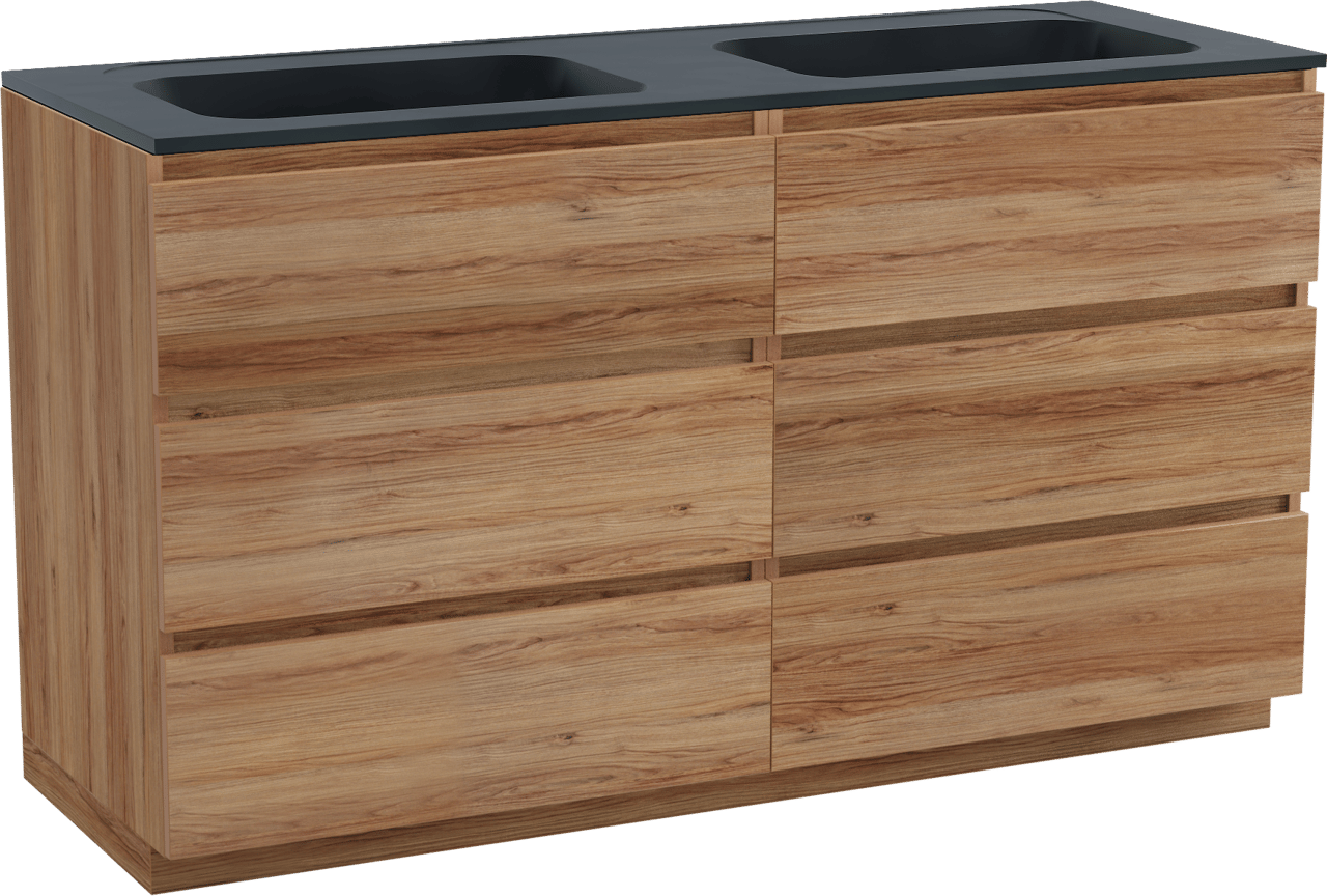 Balmani Lucida meuble salle de bains à poser 150 x 55 cm teck avec Tablo Strada double vasque en marbre composite noir mat