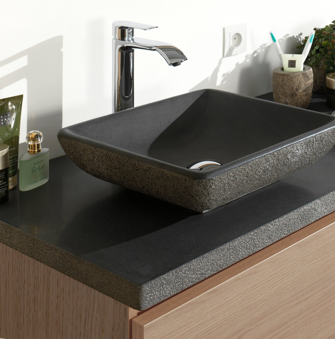 Balmani Rock tablette double pour trois meubles sous-lavabo granite aiguisé 180 x 55 cm