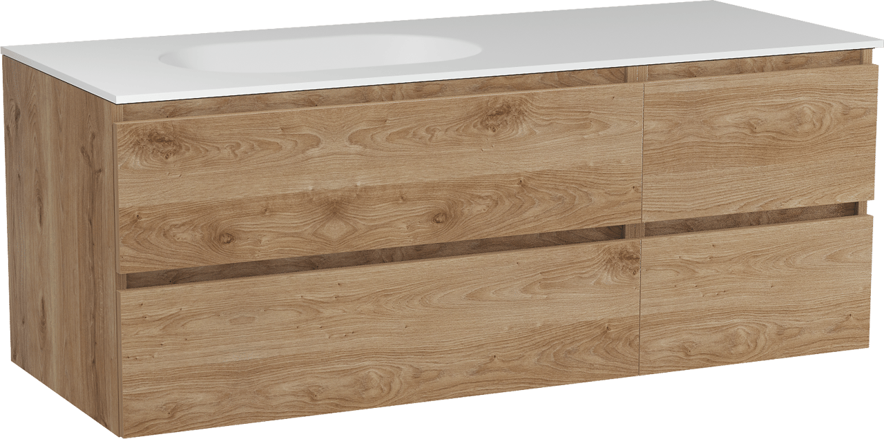 Balmani Lucida hängendes Möbelstück Set: 135 x 55 cm, Rohe Eiche, mit Tablo Oval Waschtisch links, Solid Surface Weiß matt