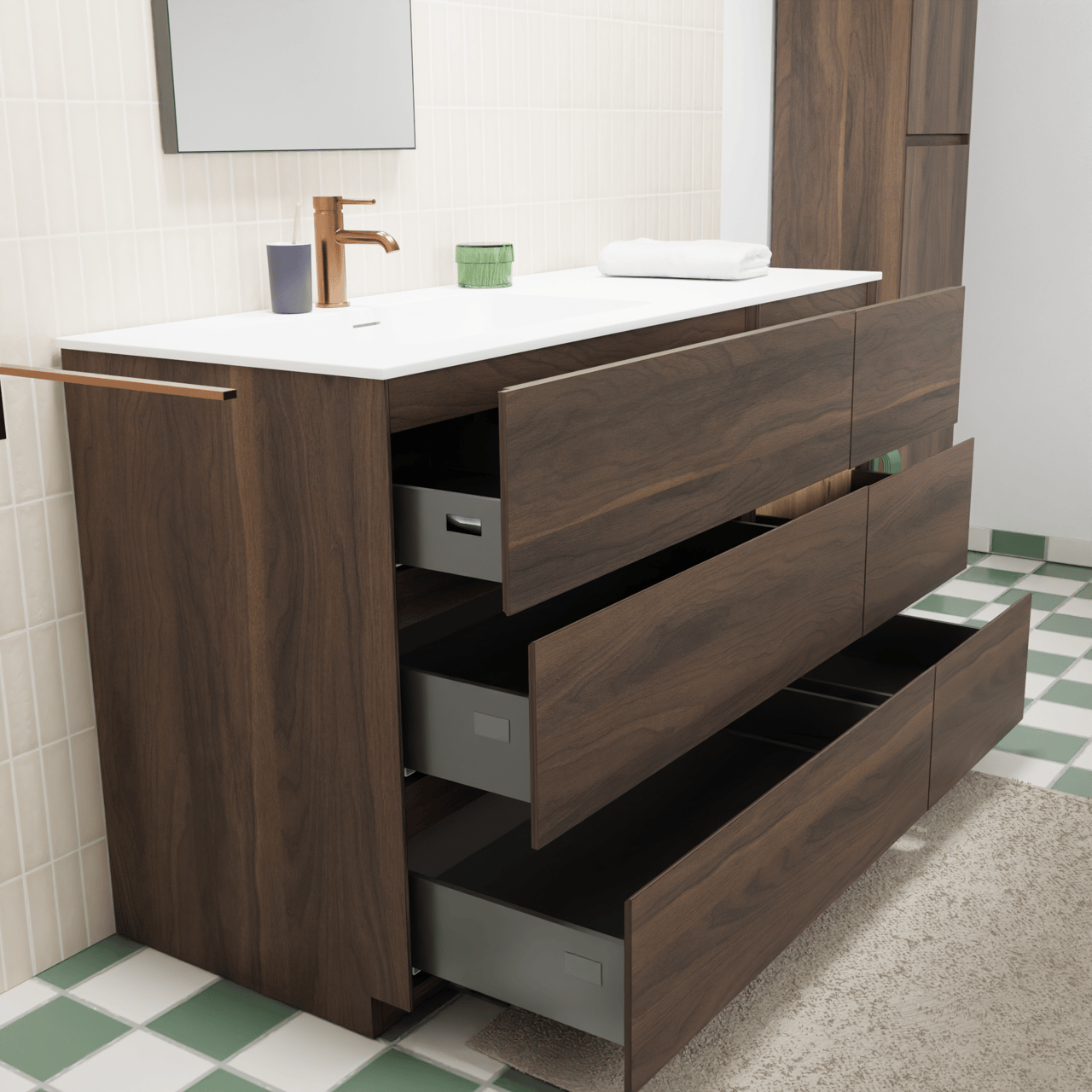 Storke Edge staand badmeubel 130 x 52 cm notenhout met Mata asymmetrisch linkse wastafel in solid surface mat wit