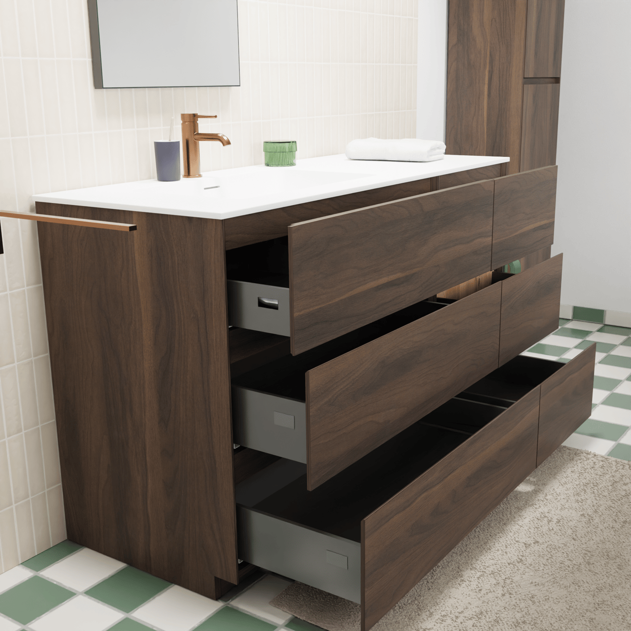 Storke Edge freistehendes Möbelstück Set: 130 x 52 cm, Nussbaum, mit Mata Waschtisch links, Solid Surface Weiß matt