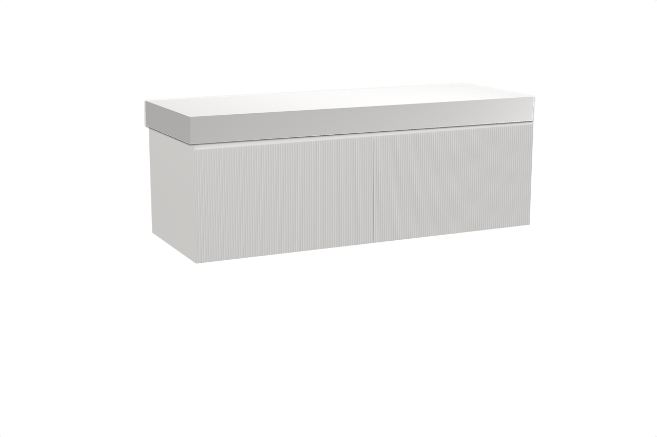 Balmani Fila hängendes Möbelstück Set: 150 x 55 cm, Weiß matt, mit Dominus Einzel- oder Doppel Waschtischplatte, Solid Surface, Weiß matt, Vertikale symmetrische gerade Rippe