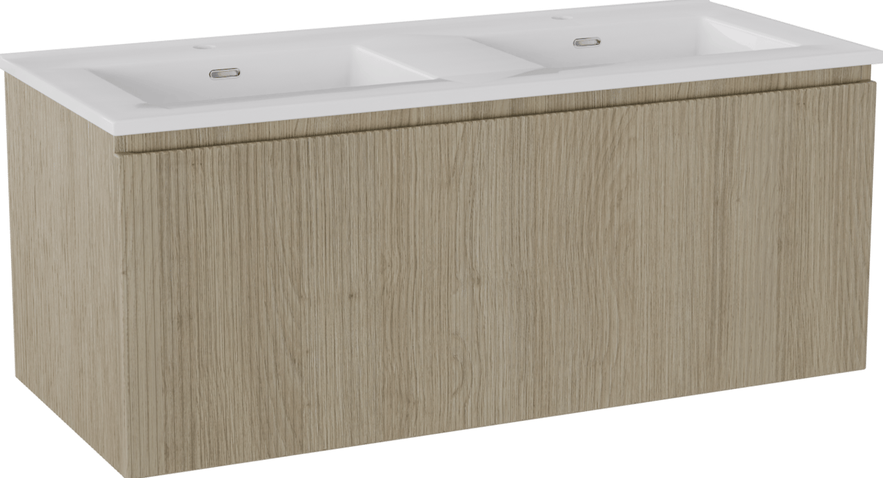 Storke Ribs meuble salle de bains suspendu 120 x 52 cm chêne brut avec Kera double vasque en céramique blanc brillant
