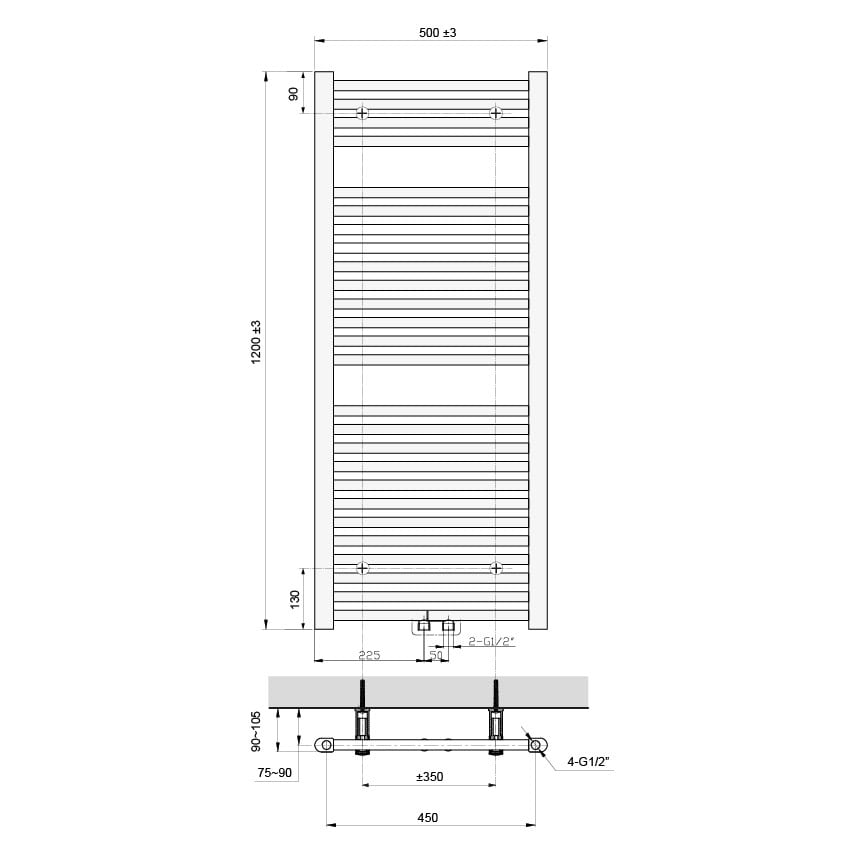 Vipera Kanza enkele handdoekradiator 50 x 120 cm elektrische verwarming mat wit zij- en middenaansluiting 543W, weerstand inbegrepen