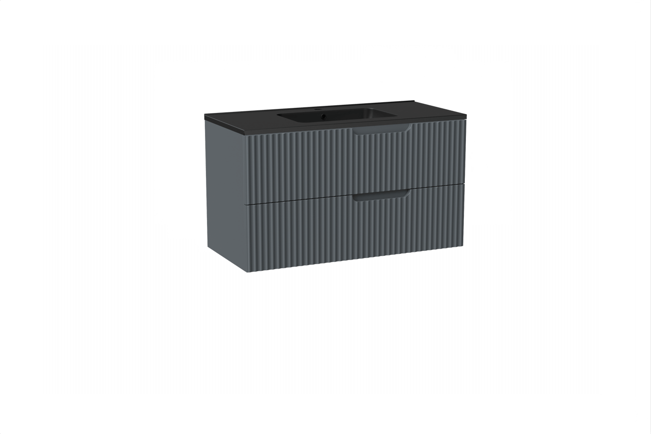 Linie Ribbo zwevend badkamermeubel 100 x 46 cm blauw antraciet met Vano enkele wastafel in composietmarmer mat zwart, Verticale symmetrische ronde ribbel