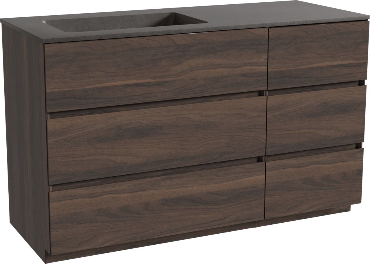 Storke Edge freistehendes Möbelstück Set: 130 x 52 cm, Nussbaum, mit Scuro Waschtisch links, Quarz Schwarz matt