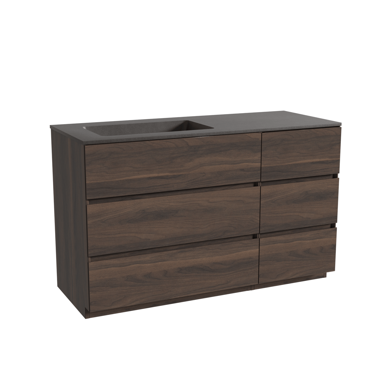 Storke Edge staand badkamermeubel 130 x 52 cm notelaar met Scuro asymmetrisch linkse wastafel in kwarts mat zwart