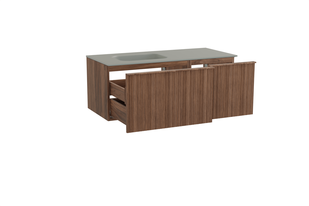 Balmani Forma zwevend badmeubel 120 x 55 cm amerikaans notenhout met Tablo Arcato asymmetrisch linkse wastafel in solid surface steengrijs, Verticale asymmetrische ronde ribbel