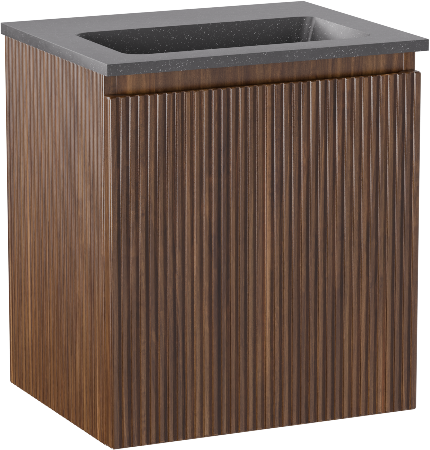 Storke Ribs meuble salle de bains suspendu 45 x 35 cm noyer avec Scuro plan simple en Quartz noir mat