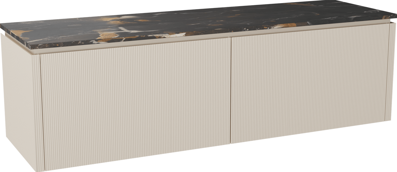 Balmani Eclips zwevend badkamermeubel 180 x 55 cm Sandbeige met Stretto enkel of dubbel tablet in Portoro Gold marmer, Verticale symmetrische rechte ribbel