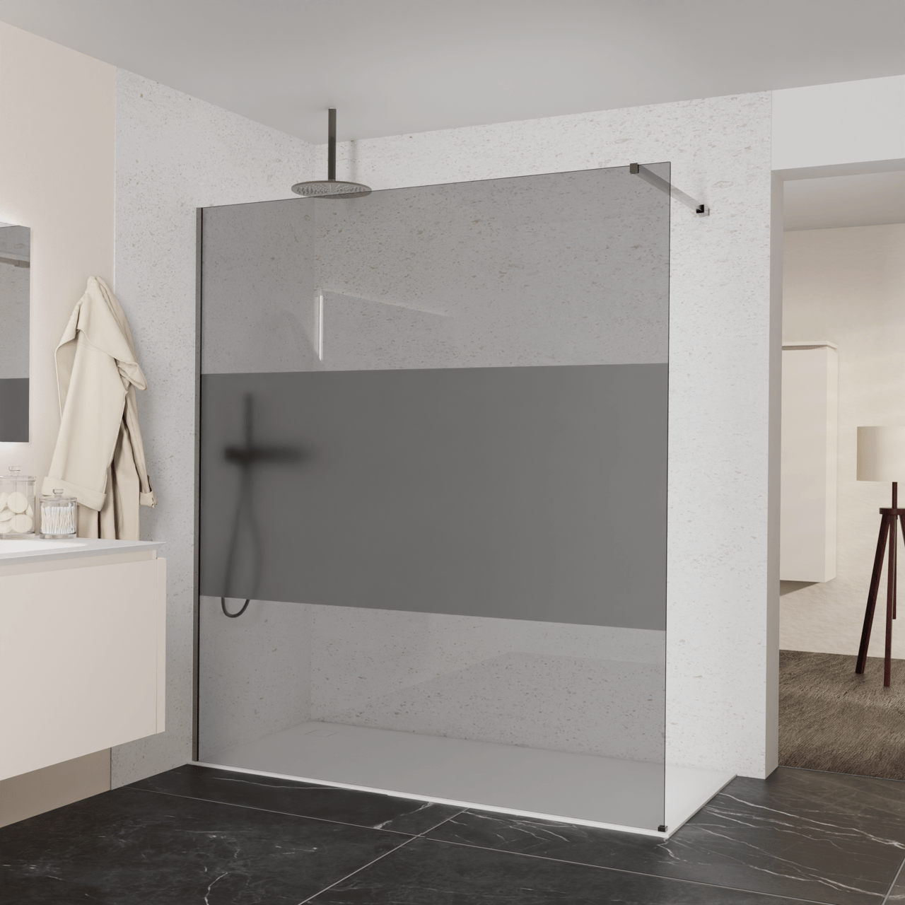 Balmani Modular douche à l'italienne: 180 x 200 cm, Verre fumé avec bande matte, avec coating, Profil Brushed GunMetal
