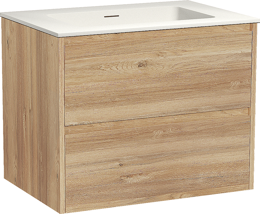 Storke Seda zwevend badmeubel 75 x 52 cm ruw eiken met Mata enkele wastafel in solid surface mat wit