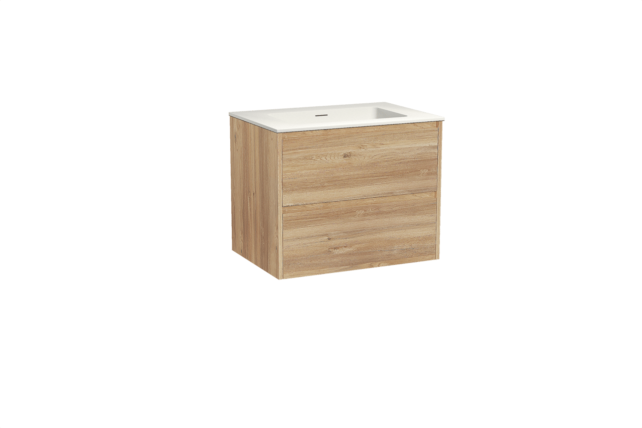 Storke Seda zwevend badkamermeubel 75 x 52 cm ruwe eik met Mata enkele wastafel in solid surface mat wit