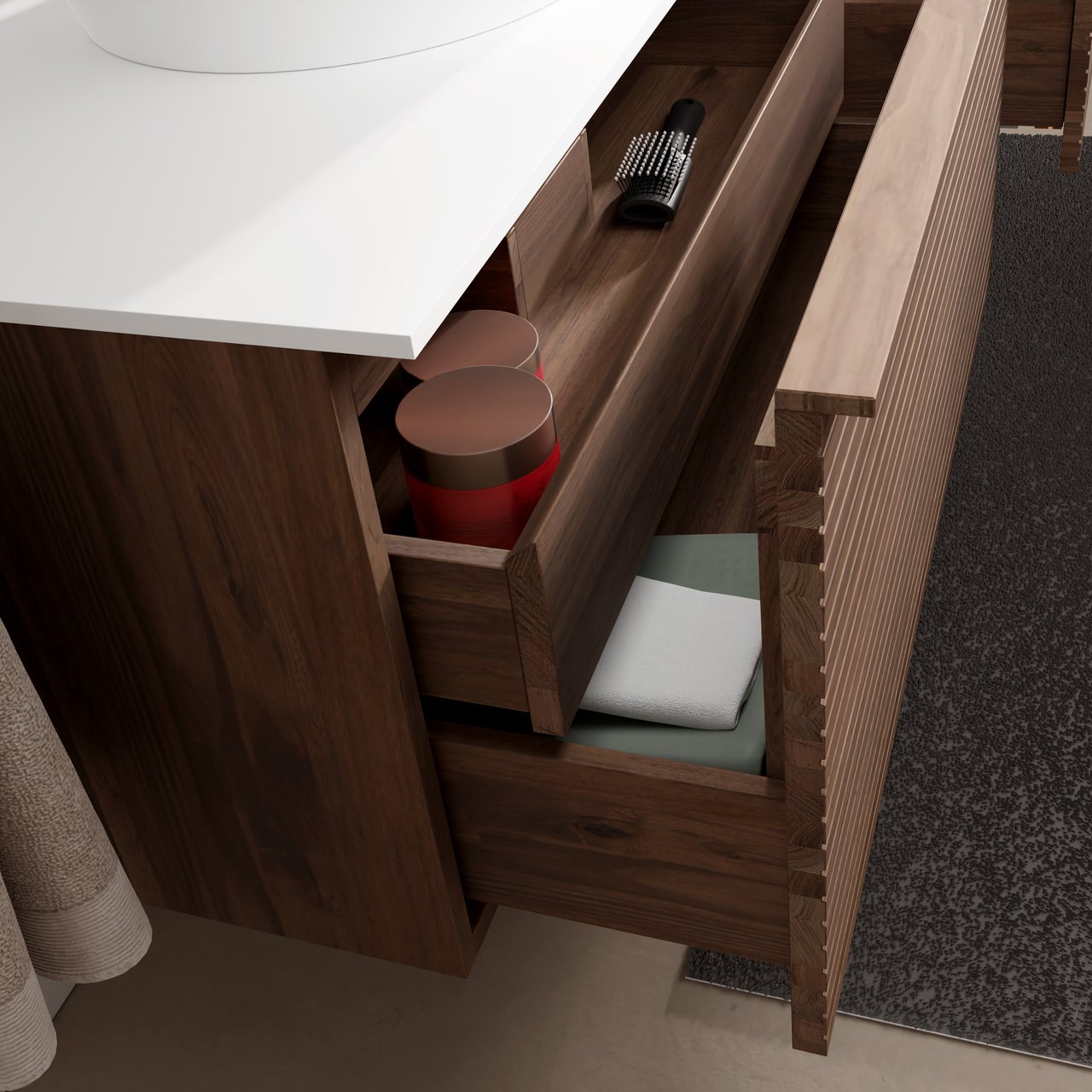 Balmani Forma hängendes Möbelstück Set: 120 x 55 cm, Amerikanischer Nussbaum, mit Stretto Einzel- oder Doppel Waschtischplatte, Solid Surface, Weiß matt, Horizontale symmetrische gerade Rippe