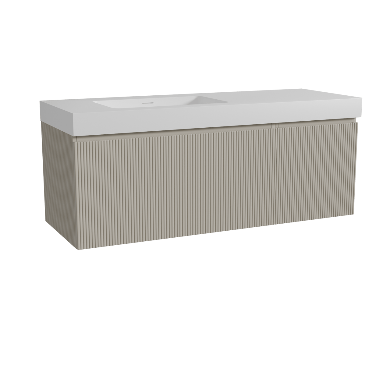 Storke Ribs meuble salle de bains suspendu 140 x 52 cm soie grise avec Mata High plan vasque asymétrique à gauche en solid surface blanc mat, Nervure droite symétrique verticale