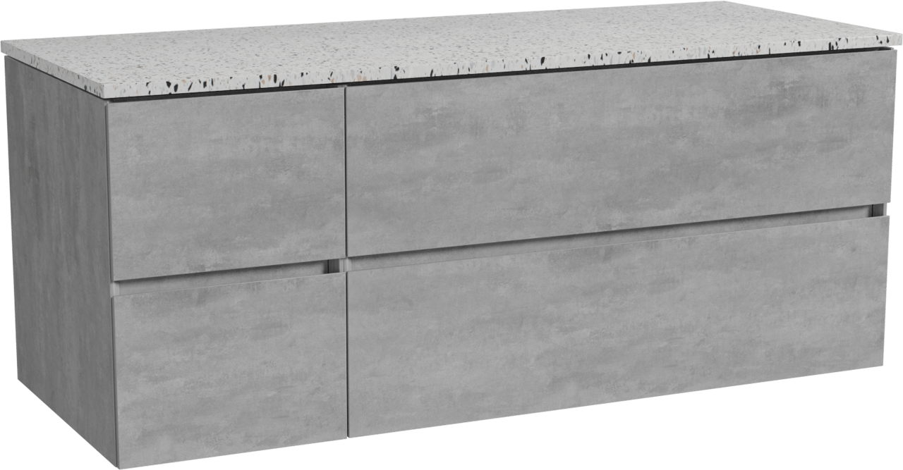 Storke Edge meuble salle de bains suspendu 130 x 52 cm béton gris foncé avec Tavola tablette simple ou double en blanc/noir mat terrazzo