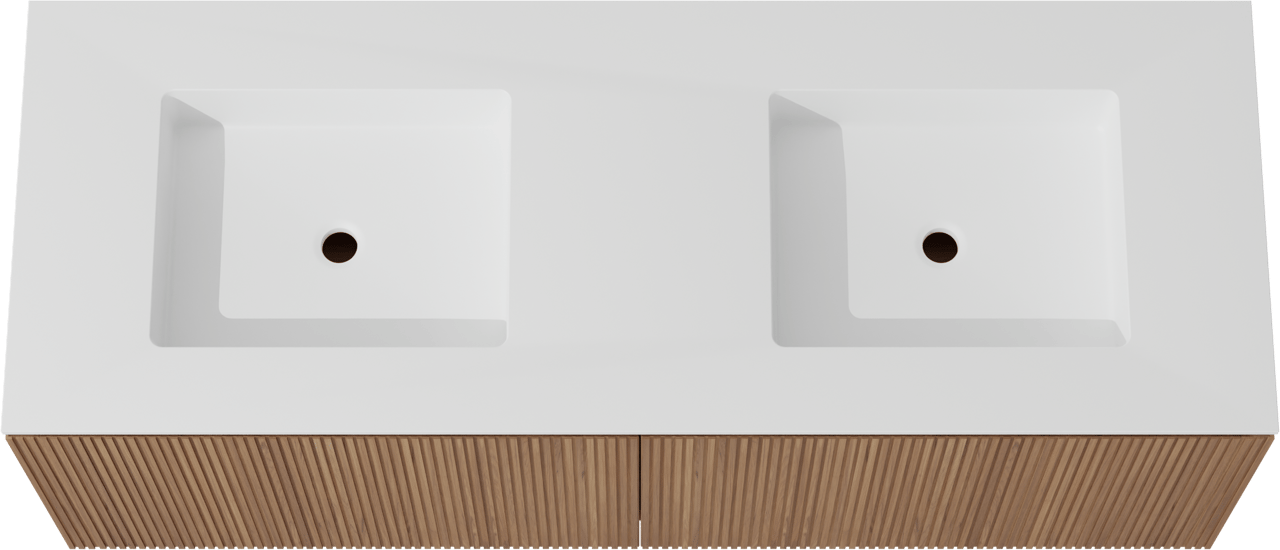 Balmani Eclips hängendes Möbelstück Set: 150 x 55 cm, Teak, mit Tablo Stretto Doppelwaschtisch Solid Surface Weiβ matt, Vertikale symmetrische gerade Rippe