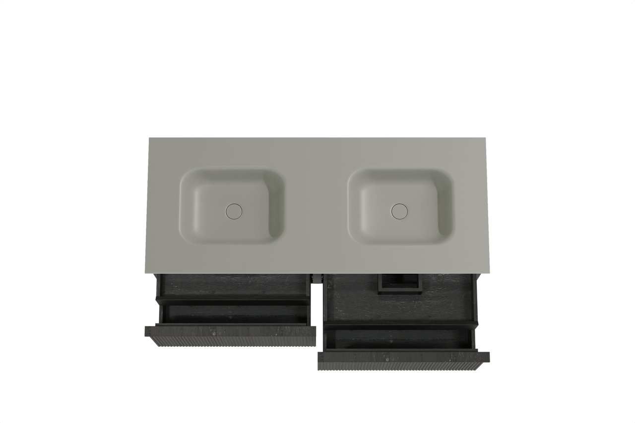 Balmani Forma meuble salle de bains suspendu 135 x 55 cm chêne noir avec Tablo Arcato double vasque en solid surface gris pierre, Nervure droite symétrique verticale