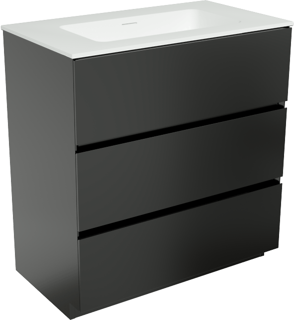 Storke Edge freistehendes Möbelstück Set: 80 x 46 cm, Schwarz matt, mit Mata Einzelwaschtisch, Solid Surface Weiß matt