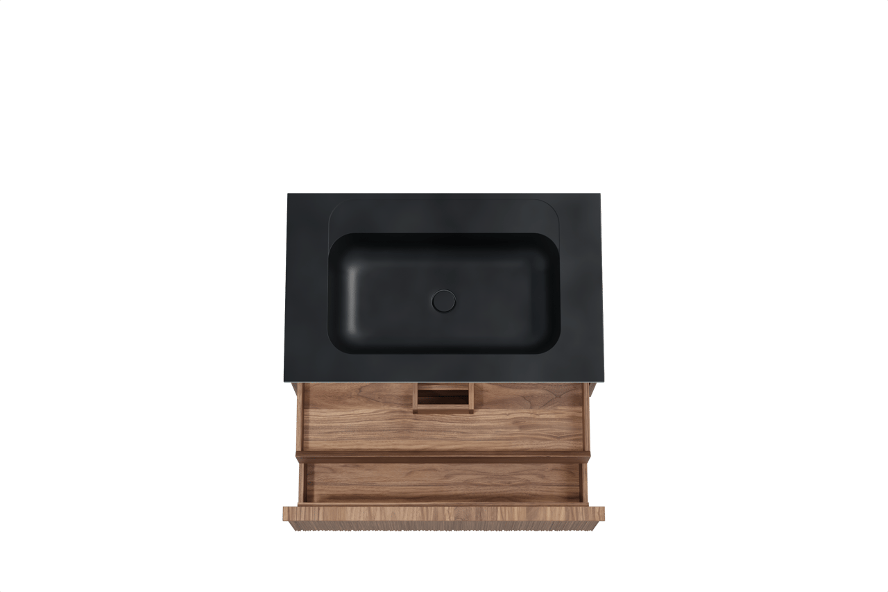 Balmani Forma hängendes Möbelstück Set: 90 x 55 cm, Amerikanischer Nussbaum, mit Tablo Strada Einzelwaschtisch, Marmorkomposit, Schwarz matt, Vertikale asymmetrische Runde Rippe