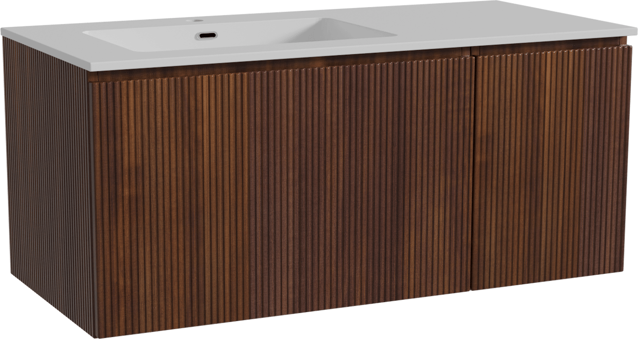 Storke Ribs zwevend badmeubel 110 x 52 cm notenhout met Diva asymmetrisch linkse wastafel in composietmarmer hoogglans wit, Verticale symmetrische rechte ribbel