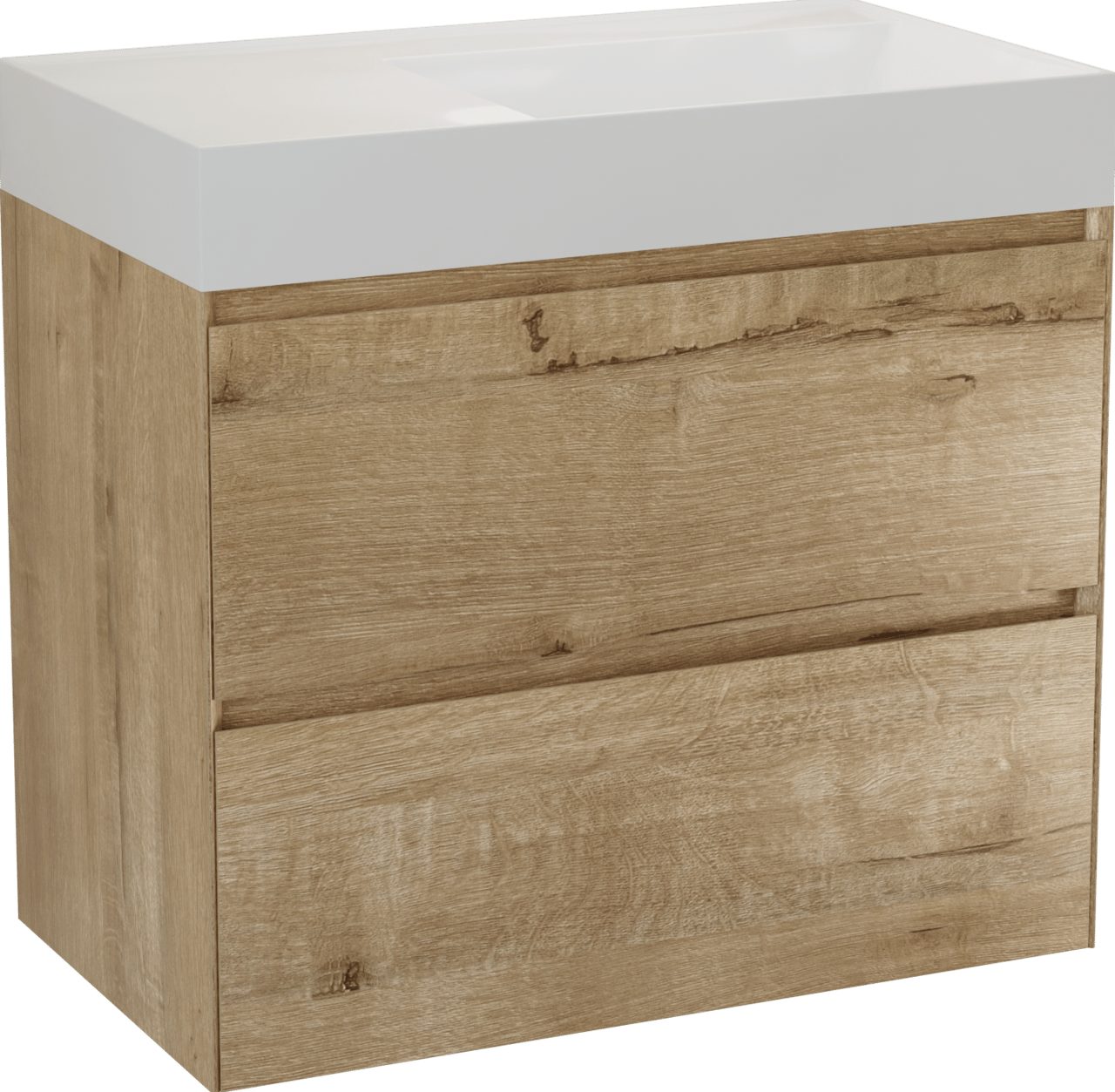 Balmani Mitra Compact zwevend badkamermeubel 80 x 46 cm ruwe eik met Argila asymmetrisch rechtse wastafel in composietmarmer glanzend wit