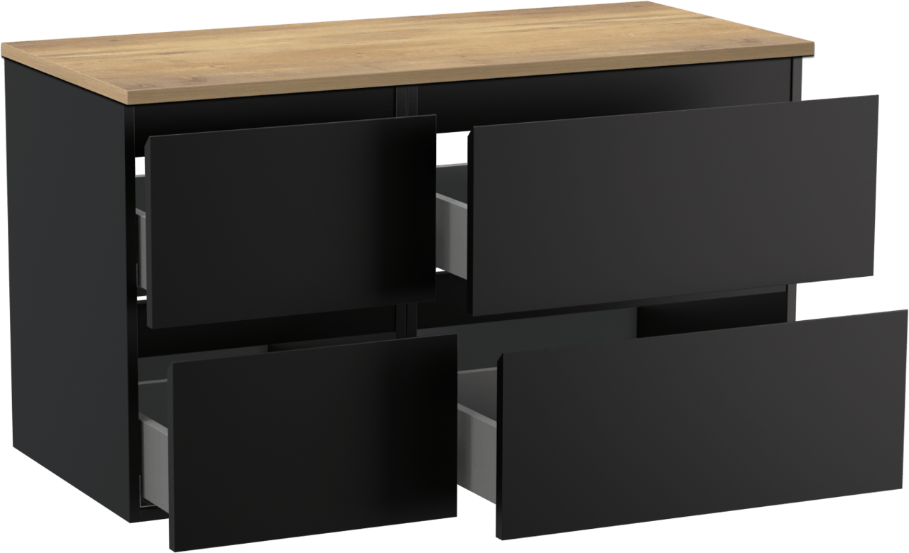 Linie Lado zwevend badmeubel 100 x 46 cm mat zwart met Lado enkel of dubbel wastafelblad in melamine naturel eiken