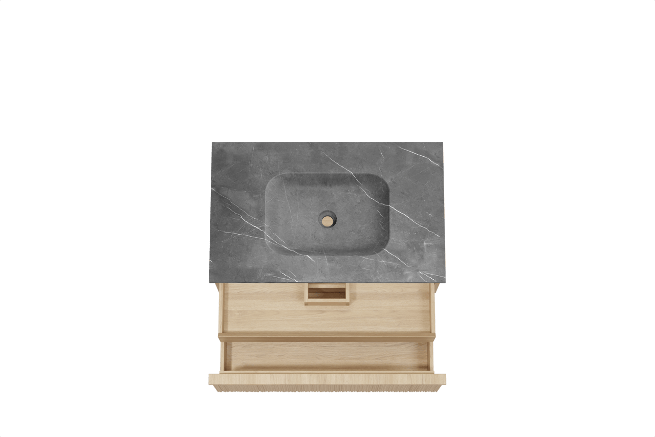 Balmani Forma zwevend badkamermeubel 90 x 55 cm natuur eik met Tablo Arcato enkele wastafel in marmer pietra grey, Verticale asymmetrische ronde ribbel