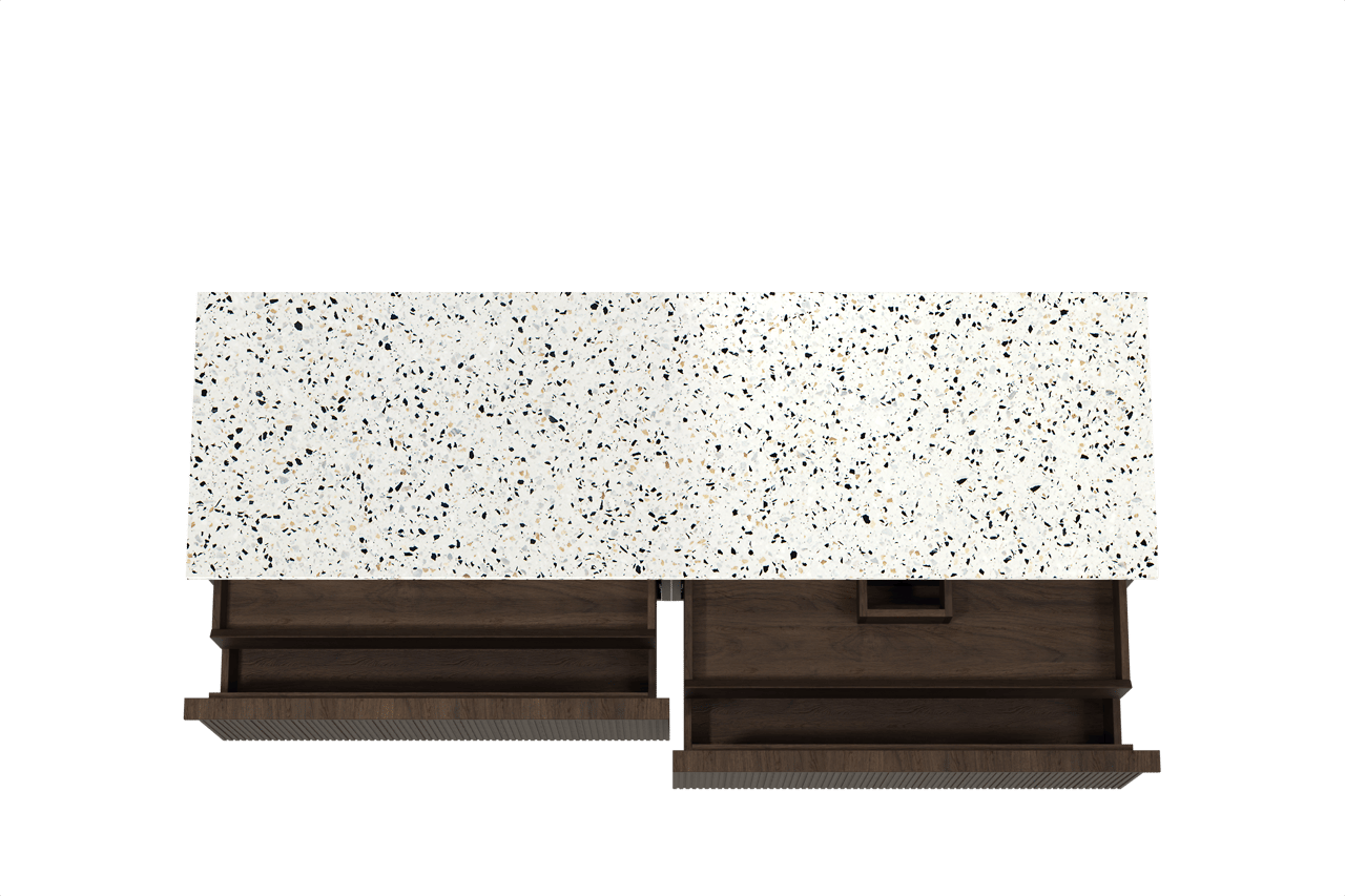 Balmani Forma hängendes Möbelstück Set: 180 x 55 cm, Geräucherte Eiche, mit Stretto Einzel- oder Doppel Waschtischplatte, Terrazzo in Weiß/Schwarz matt, Vertikale symmetrische gerade Rippe