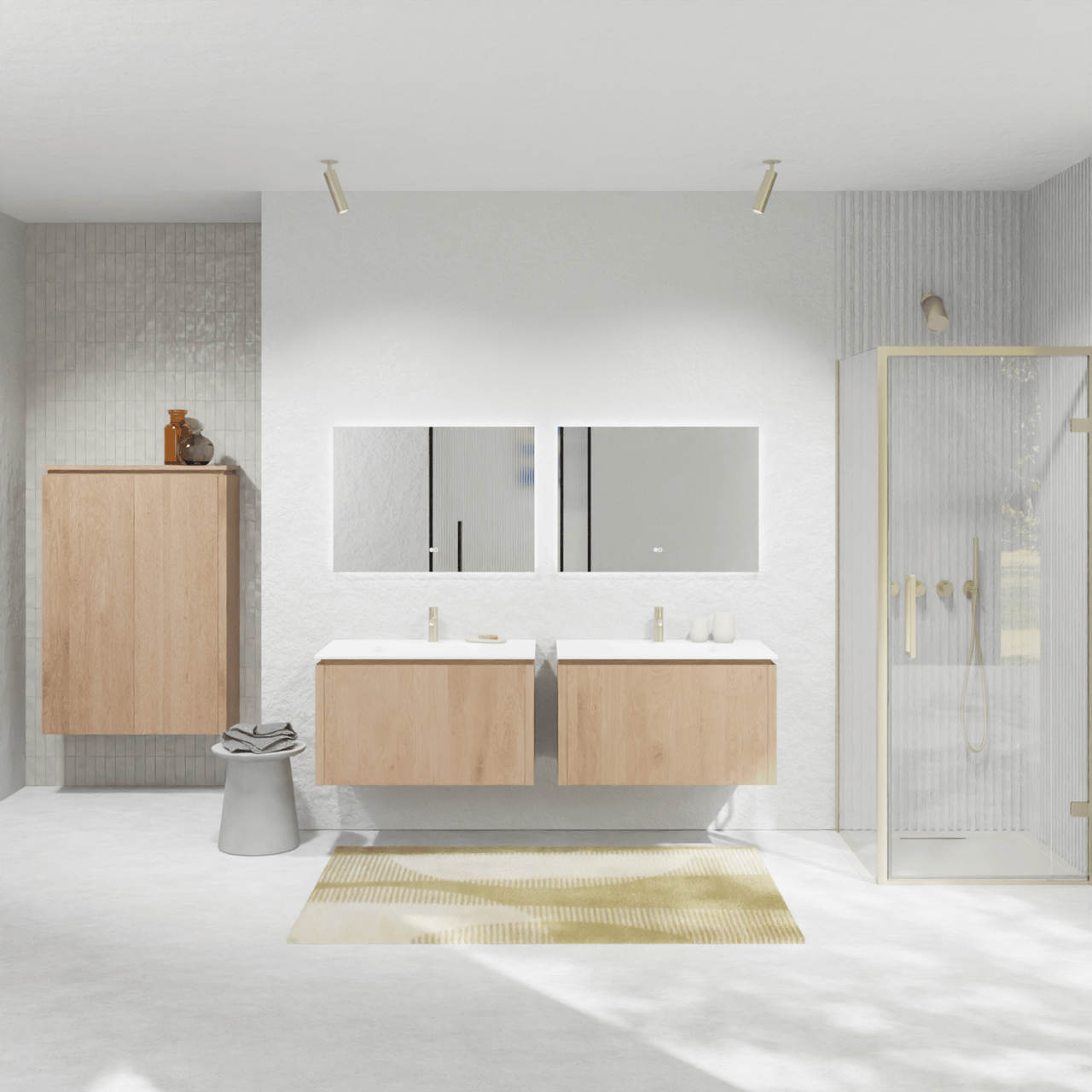 Balmani Eclips meuble salle de bains suspendu 90 x 55 cm Chêne naturelle avec Tablo Arcato plan simple en Solid Surface blanc mat