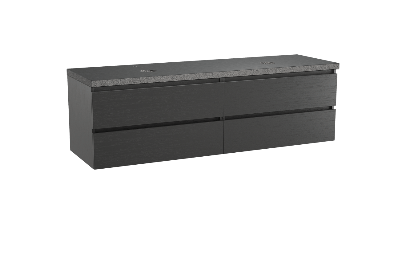 Balmani Lucida hängendes Möbelstück Set: 180 x 55 cm, Schwarze Eiche, mit Rock Doppel Waschtischplatte, Schwarzes Granit