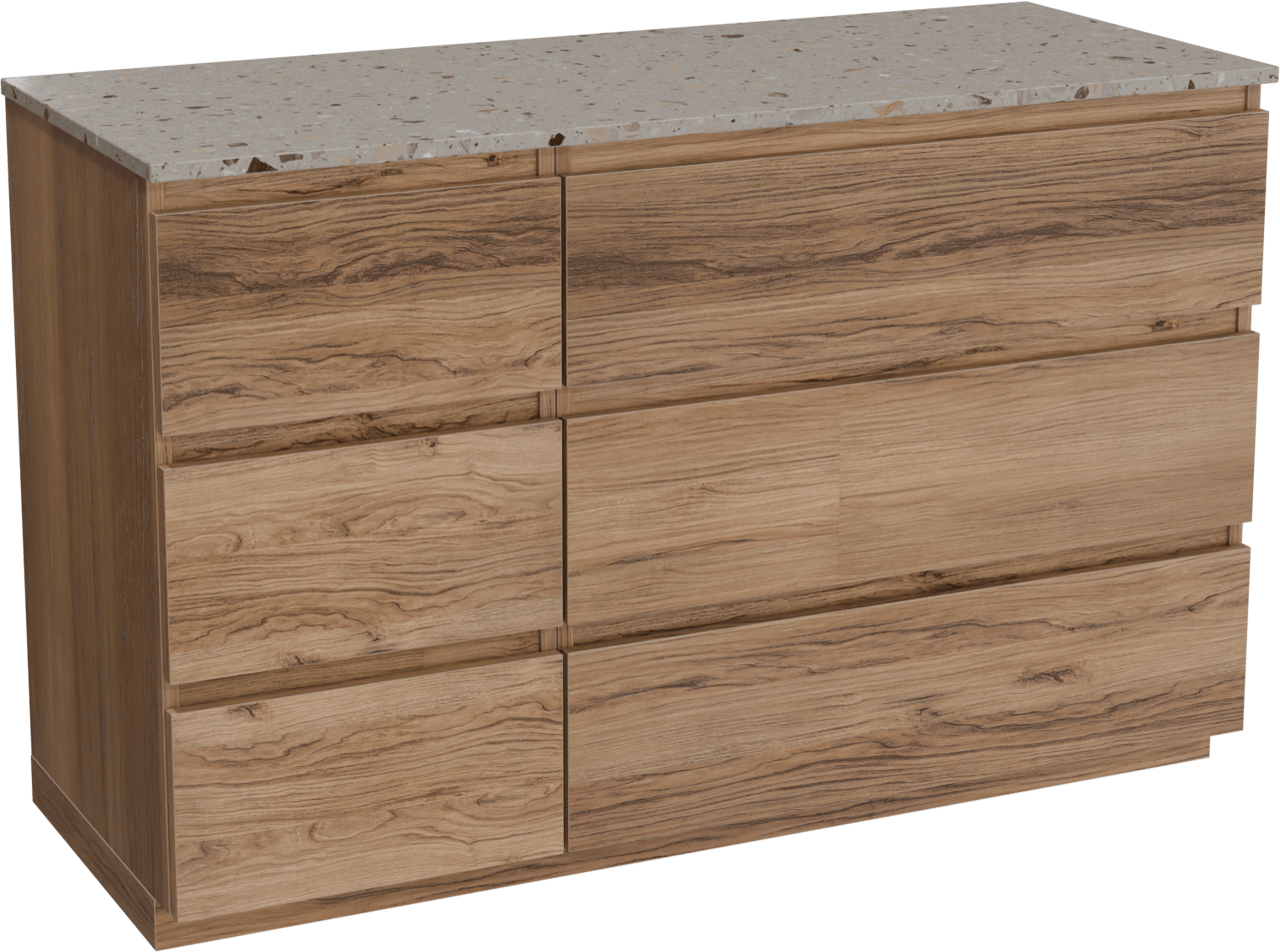 Balmani Lucida staand badkamermeubel 135 x 55 cm teak met Stretto enkel of dubbel tablet in terrazzo greige terrazzo
