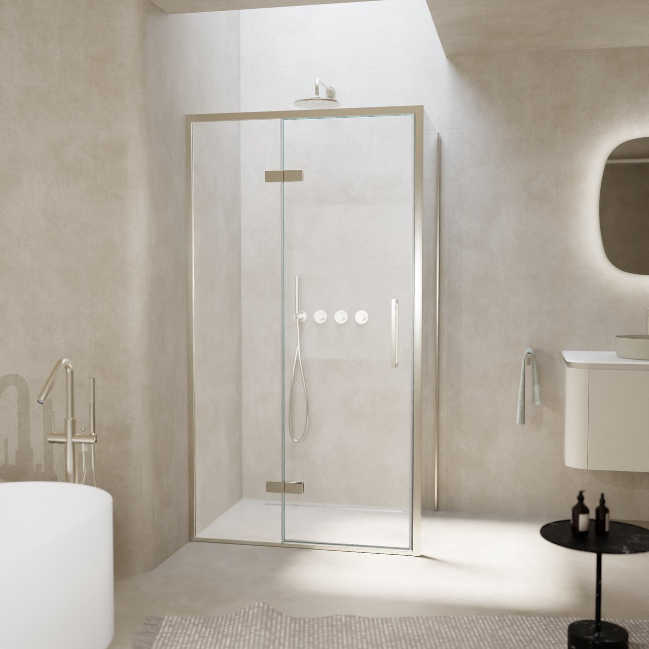 Balmani Senses Design douche en coin avec porte pivotante à gauche et paroi latérale fixe, 100 x 70 cm, Verre transparent, Profil Brushed CoolMetal