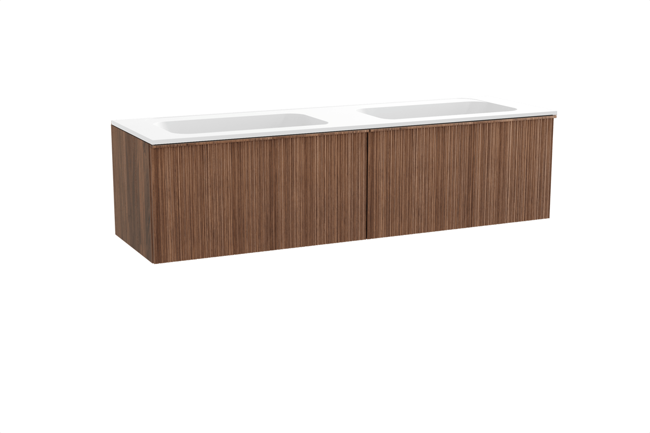 Balmani Forma meuble salle de bains suspendu 180 x 55 cm noyer américain avec Tablo Strada double vasque en marbre composite blanc mat, Nervure circulaire asymétrique verticale