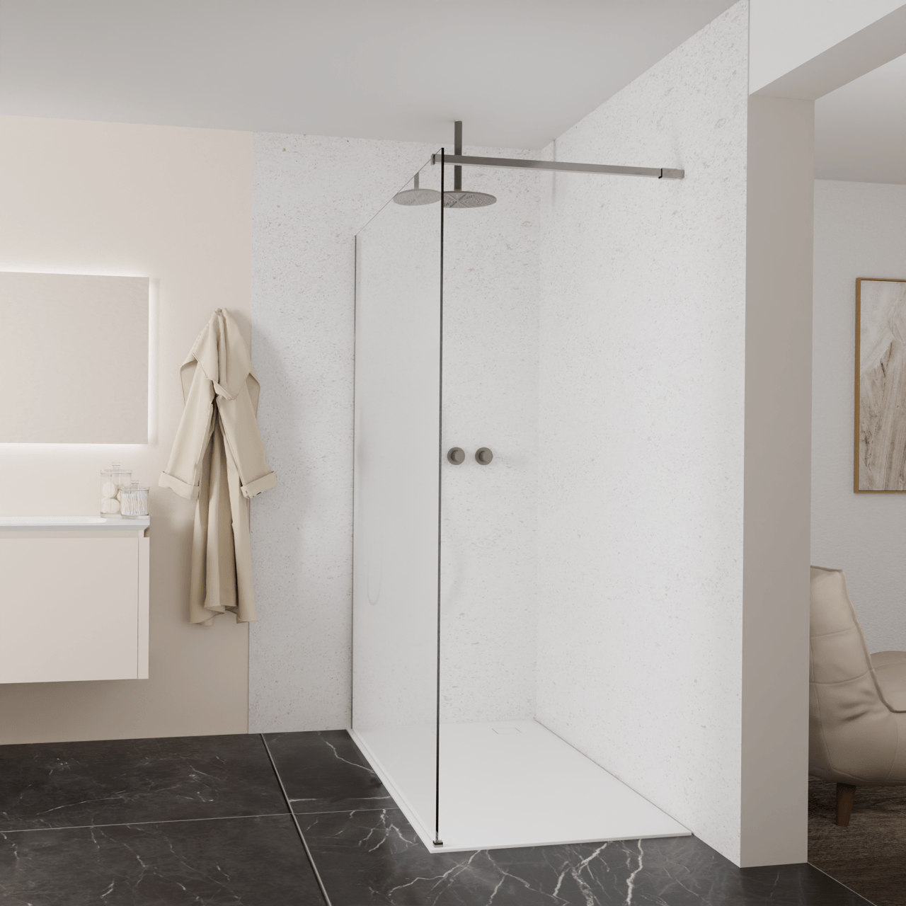Balmani Modular Walk-In Dusche: 160 x 200 cm, Permafrost, inklusive Coating, Profil Brushed GunMetal