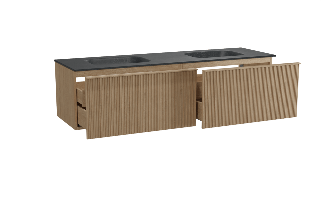 Balmani Forma hängendes Möbelstück Set: 180 x 55 cm, Naturbelassene Eiche, mit Tablo Arcato Doppelwaschtisch, Granit, Schwarzes Granit, Vertikale symmetrische gerade Rippe