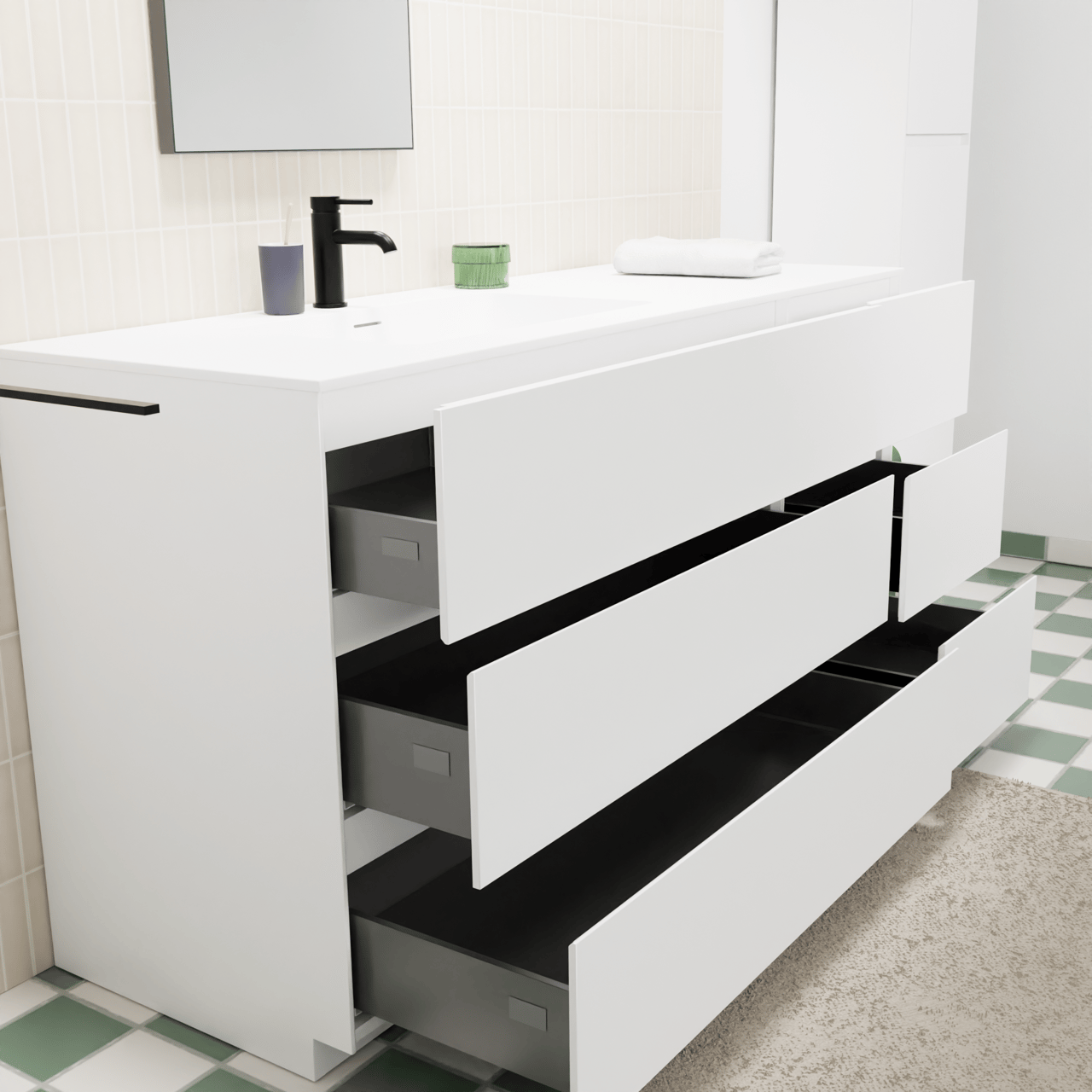 Storke Edge freistehendes Möbelstück Set: 150 x 52 cm, Weiß matt, mit Mata Waschtisch links, Solid Surface Weiß matt