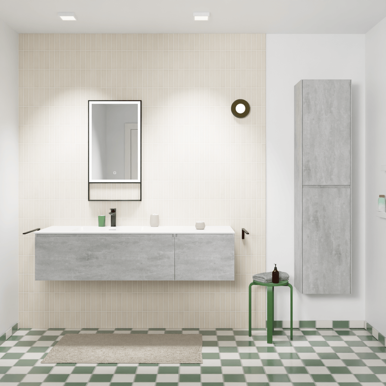 Storke Edge zwevend badmeubel 150 x 52 cm beton donkergrijs met Mata asymmetrisch linkse wastafel in solid surface mat wit