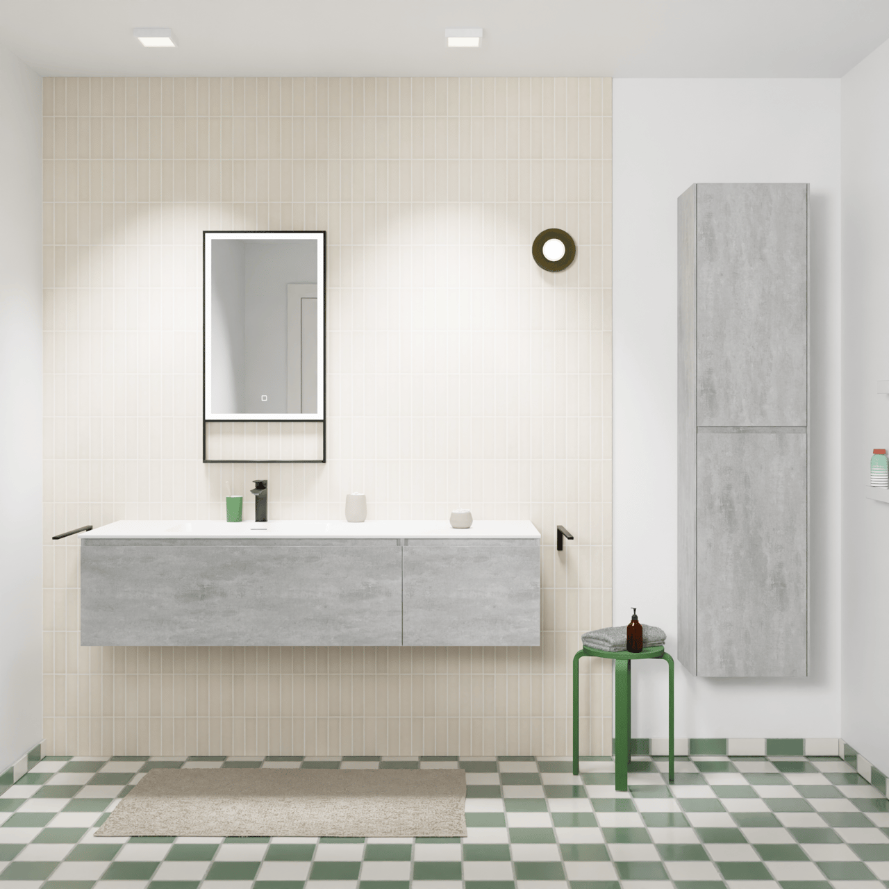 Storke Edge zwevend badmeubel 150 x 52 cm beton donkergrijs met Mata asymmetrisch linkse wastafel in solid surface mat wit