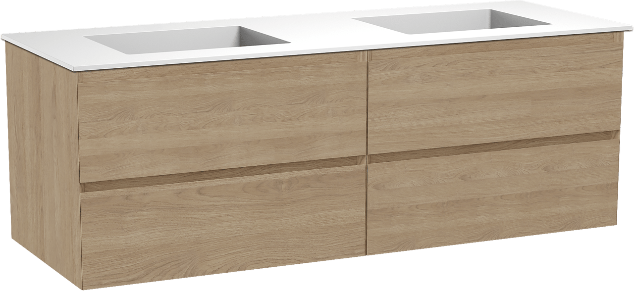 Balmani Mitra meuble salle de bains suspendu 150 x 55 cm chêne naturel avec Tablo Stretto double vasque en solid surface blanc mat