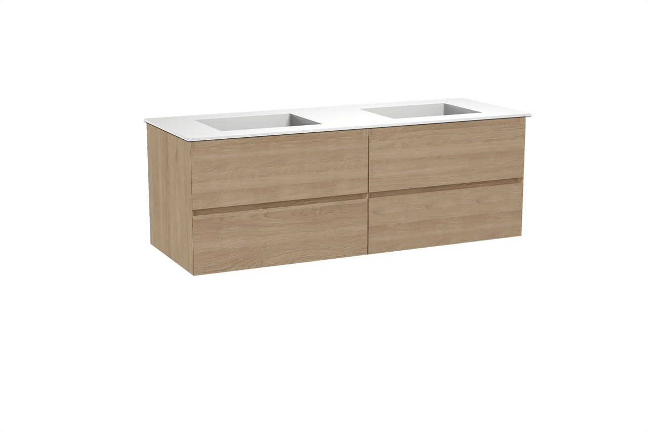 Balmani Mitra zwevend badkamermeubel 150 x 55 cm natuur eik met Tablo Stretto dubbele wastafel in solid surface mat wit