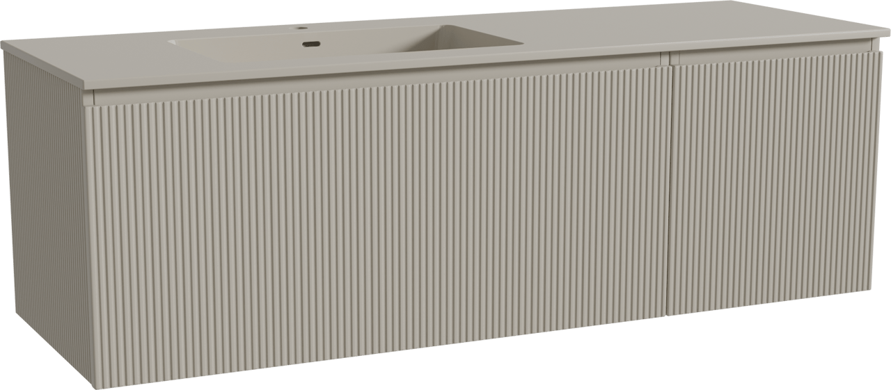 Storke Ribs zwevend badmeubel 150 x 52 cm zijdegrijs met Diva asymmetrisch linkse wastafel in top solid zijdegrijs, Verticale symmetrische rechte ribbel